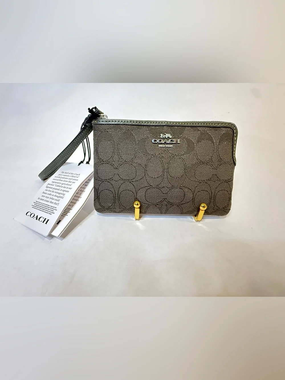 Coach Gray Signature Canvas Wristlet with Gold Hardware